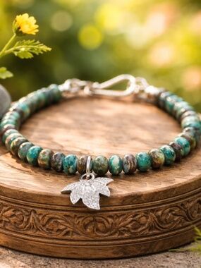 Natural Chrysocolla, Black Diamond Bracelet Sterling Silver , Unisex Bracelet 9"